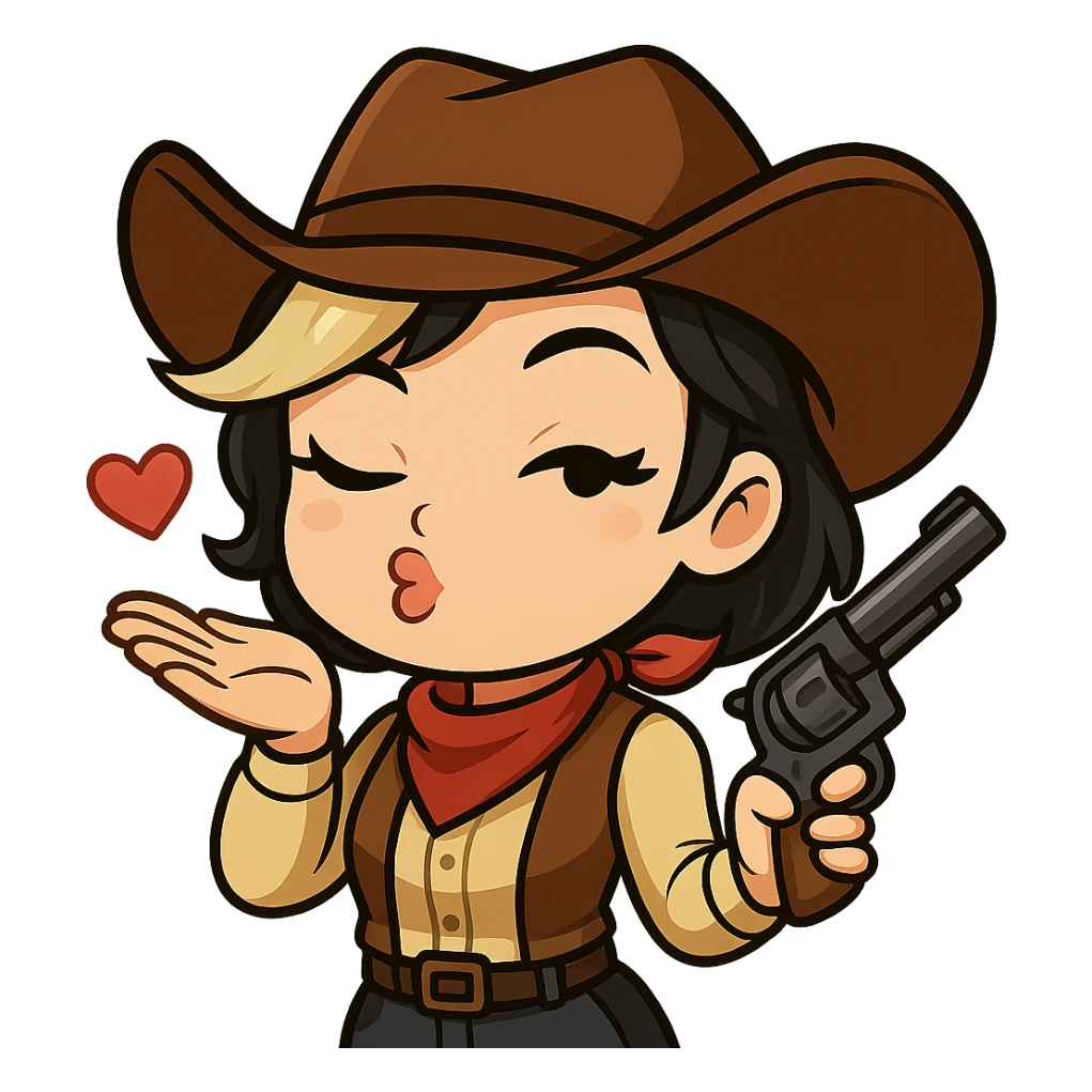 Remove the left gun (on her right, our left) from this chibi cowgirl image. Make her left hand look natural, as if she is just blowing a kiss. Keep the pose, winking and blowing a kiss expression, outfit, right gun, and all other details unchanged. Transparent background, sized for Twitch or Discord use. sticker