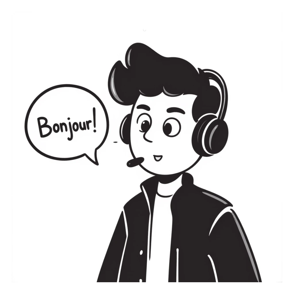Highly detailed anime-style male character saying "Bonjour!", with styled black hair, expressive brown eyes, defined black beard, wearing detailed gaming headphones, anime art style with line work sticker