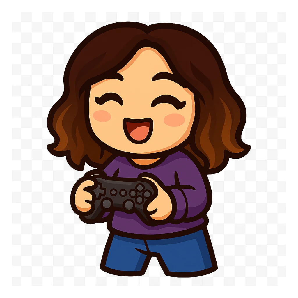 Sticker style chibi emote, matching the attached green heart emote as a base. Woman from reference, purple sweater and blue jeans, holding a game controller in a gaming pose, cute excited face, no headband, no wand, transparent background. Top color should not match jeans. sticker