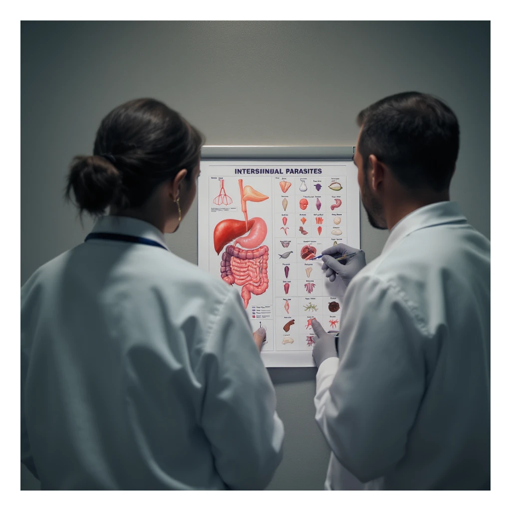realistic, cinematic photo: two doctors in white coats, seen from behind, studying a chart of intestinal parasites, dramatic clinical light, 2:3 aspect ratio sticker