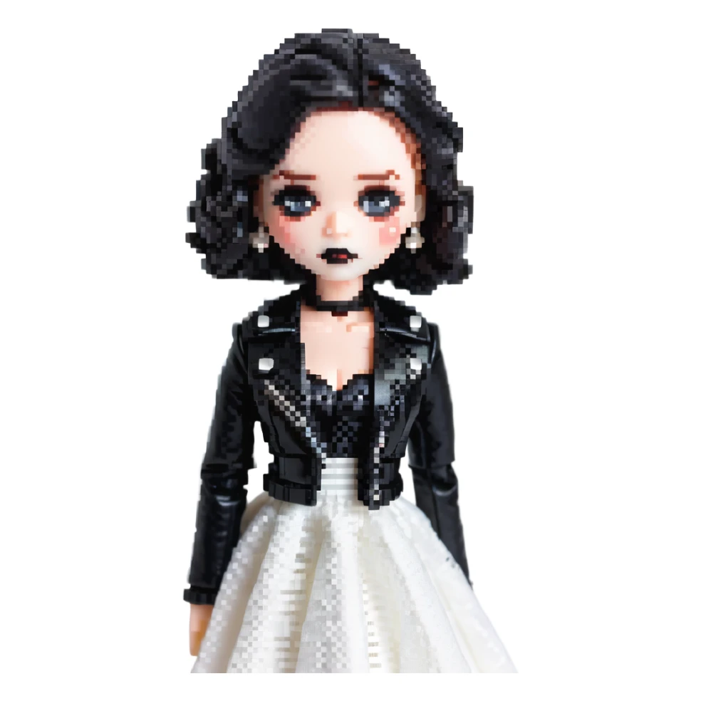 Chucky's bride doll with black lipstick, black dress, leather jacket, smoky eye makeup sticker
