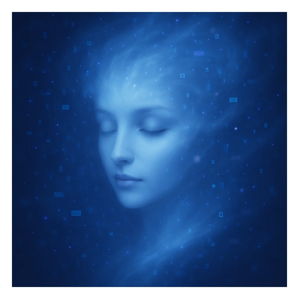 Make the swirling cloud of data and light look more human, with a clearer, gentle human face emerging from the data, keeping the dreamy, ethereal style. sticker