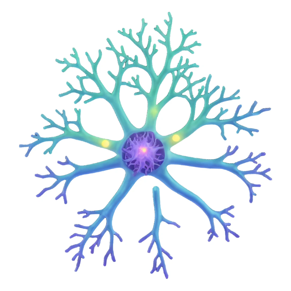 Realistic 3D neuron diagram with blue cell body, purple dendrites, green axon with myelin sheath, surrounded by glowing protective aura, scientific illustration with depth and detail sticker