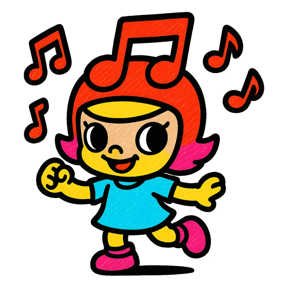 Popmart Space Molly as a Rednote emoji, dancing with red musical notes around, big head, small body, fun and energetic sticker