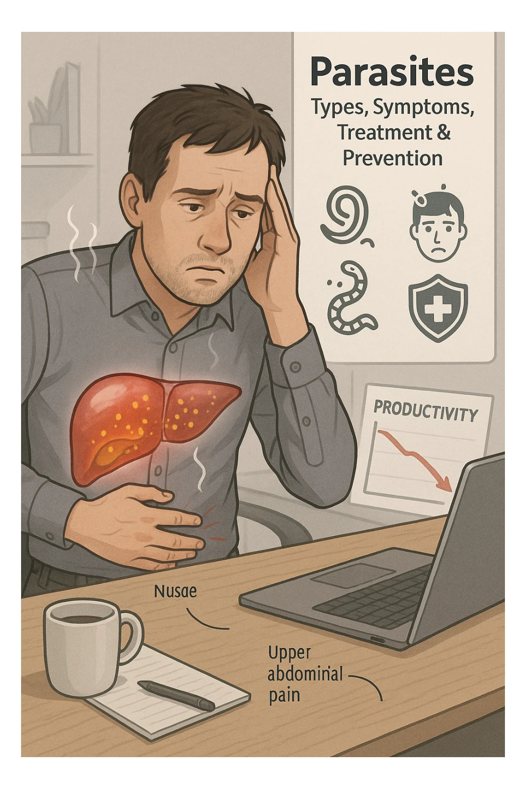 Man sitting at office desk experiencing subtle symptoms of liver dysfunction, upper abdominal pain, nausea, and unexplained fatigue Parasites: Types, Symptoms, Treatment & Prevention, expression of confusion about vague health issues, liver shown in transparent overlay with early inflammation, toxins beginning to accumulate in bloodstream, productivity declining as liver struggles to filter properly sticker