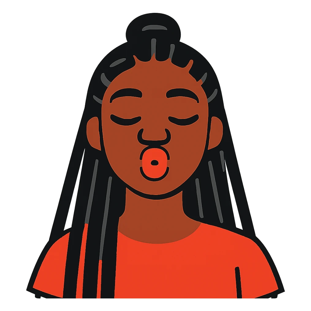 Black girl with long black braids, half up half down, making a kissy face sticker