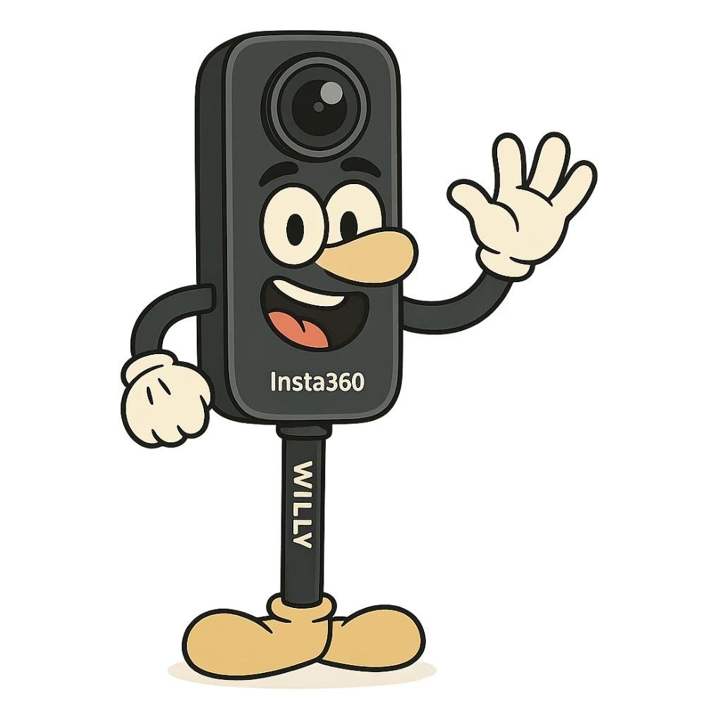 playful, characterful Insta360 camera on a stick named Willy, cartoon style character sticker