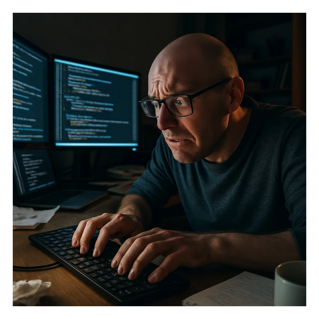 bald programmer with glasses, visibly stressed but very focused, working late night from home office, typing frenetically in front of multiple monitors illuminating his face, slightly messy environment typical of someone immersed in work, close-up on hands on keyboard sticker