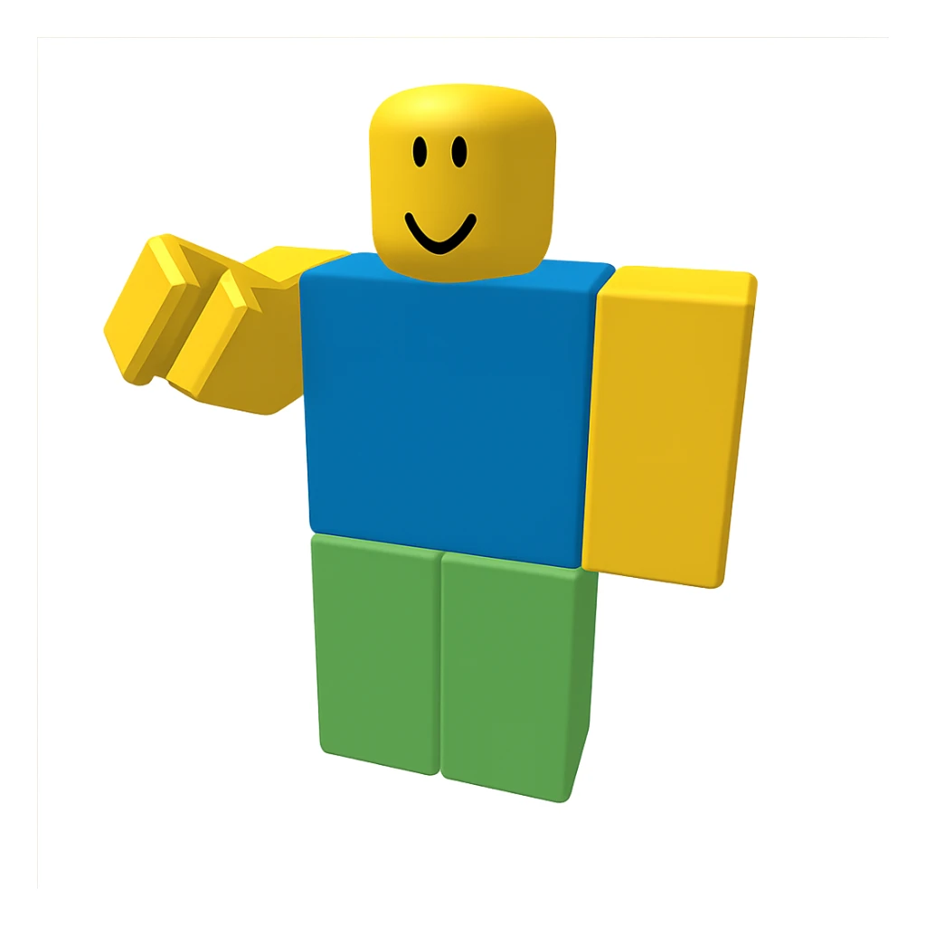 Extract only the character in a blue shirt and green pants (seventh from left) from the image, place it on a transparent background, and keep the original Roblox style and appearance. sticker