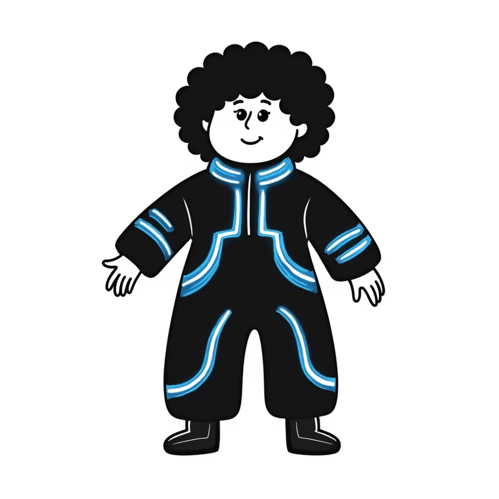 Cabbage Patch Kid in Tron suit with glowing blue lines, 80's retro sci-fi style sticker