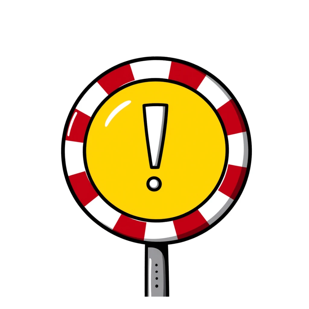 A round warning sign with red and white stripes around the edge and a warning symbol in the center. Hand-drawn doodle style with bright colors. sticker