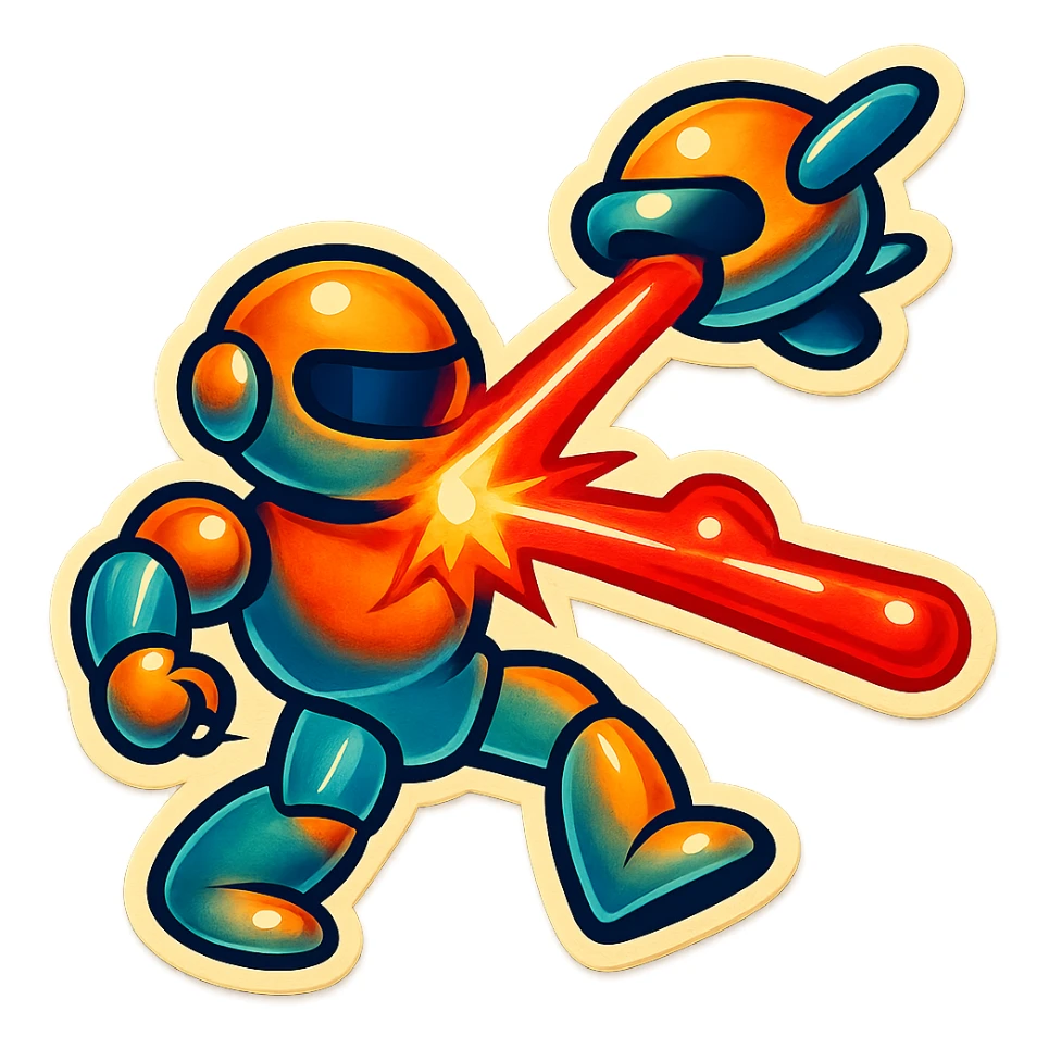 new character...robot being hit with a red beam by a flying robot sticker