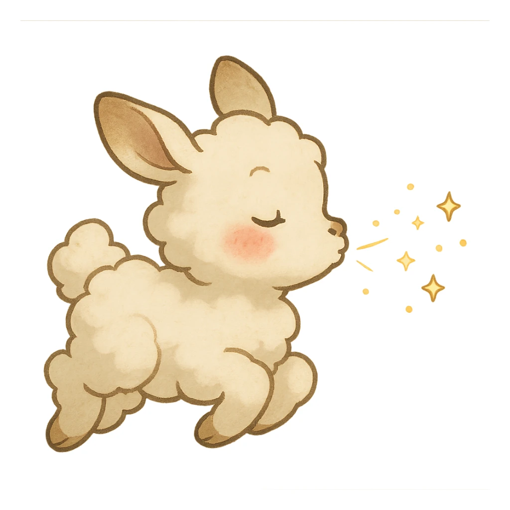soft vanilla cloud doe with rosy cheeks, floating and blowing sparkles, ghibli style sticker