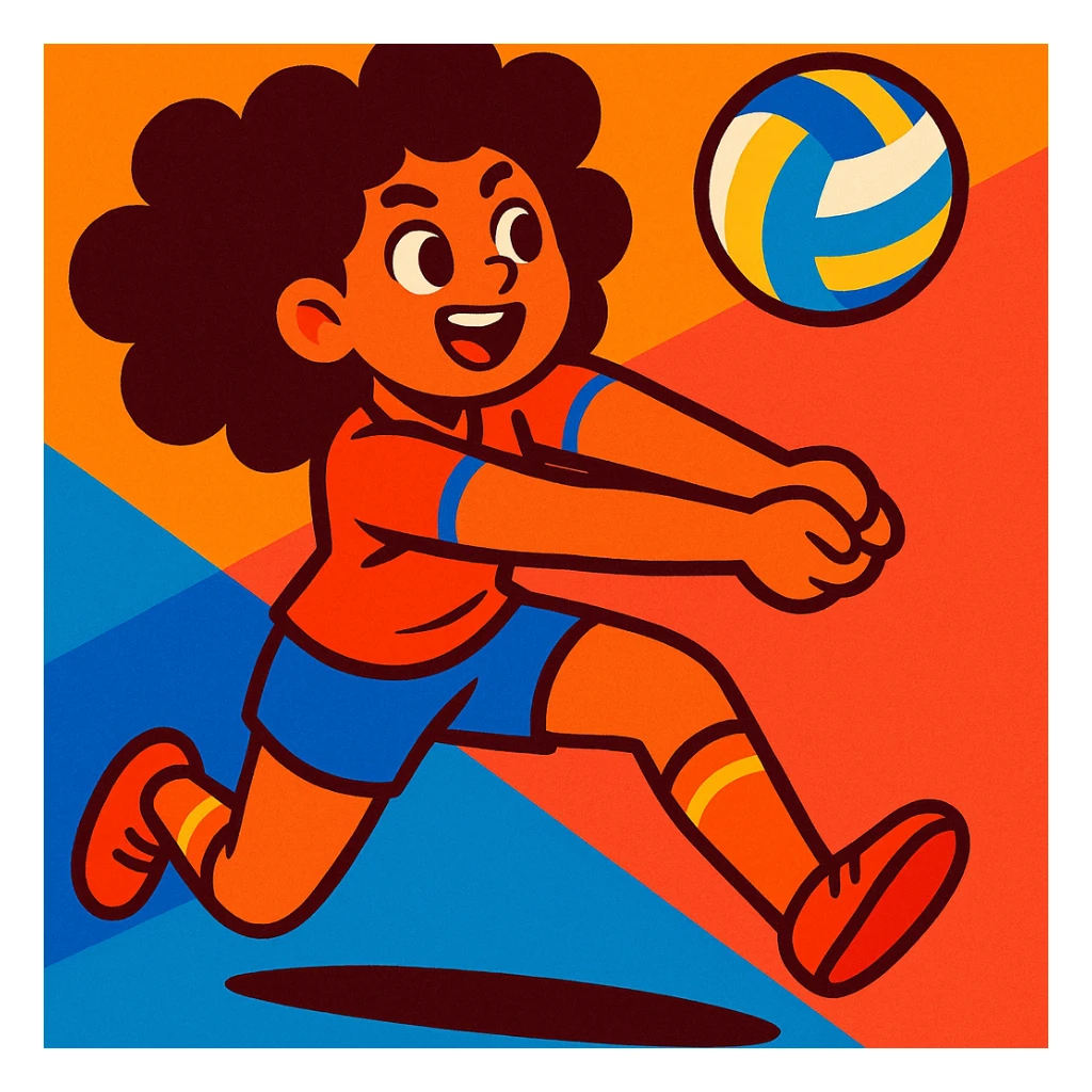 curly haired girl playing volleyball, energetic, action pose, vibrant colors sticker