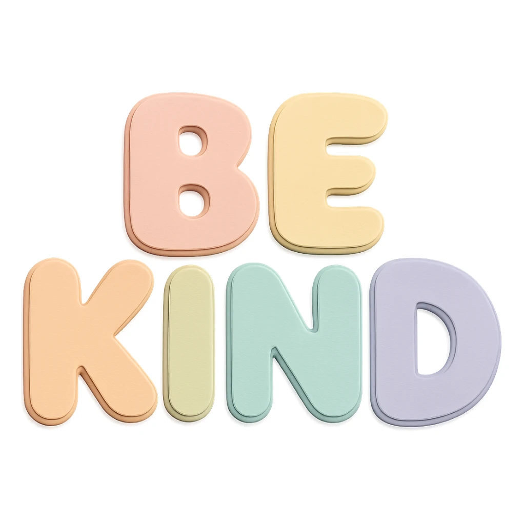 Remove the doodle face from the letters, keep the text 'Be Kind' in soft pastel rainbow puffy bubble letters, kawaii cute style, transparent background, no frame, paper craft style. sticker