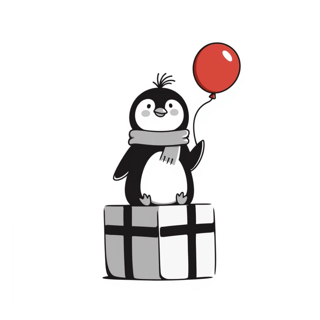 daizy penguin holding a balloon, sitting on a gift box, hand drawn doodle style sticker