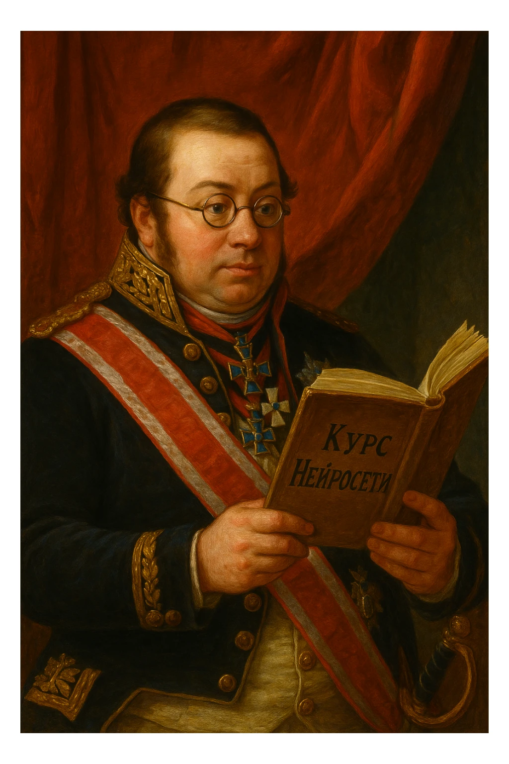 Павел Николаевич Демидов заинтересовано изучает в руках книгу на которой написано Курс Нейросети рисованный стиль sticker