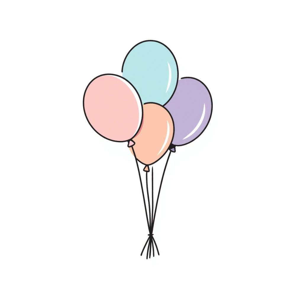 Colorful birthday balloons with strings. Hand-drawn doodle style using pastel colors (pink, light blue, lavender, peach). Simple festive balloon bunch with different shapes and sizes. Celebratory design perfect for birthdays. sticker