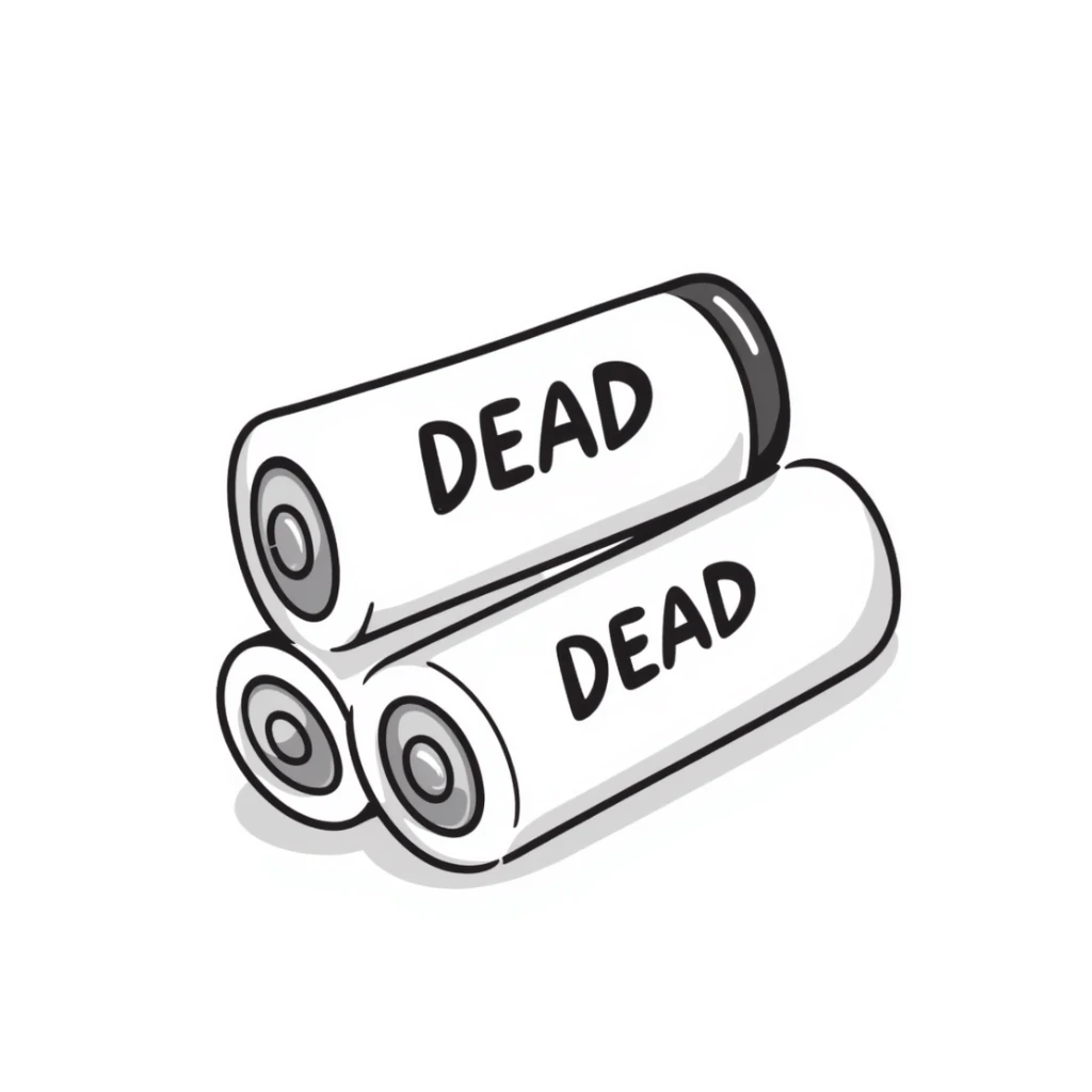 Two dead batteries stacked on top of each other, depleted, empty power sticker