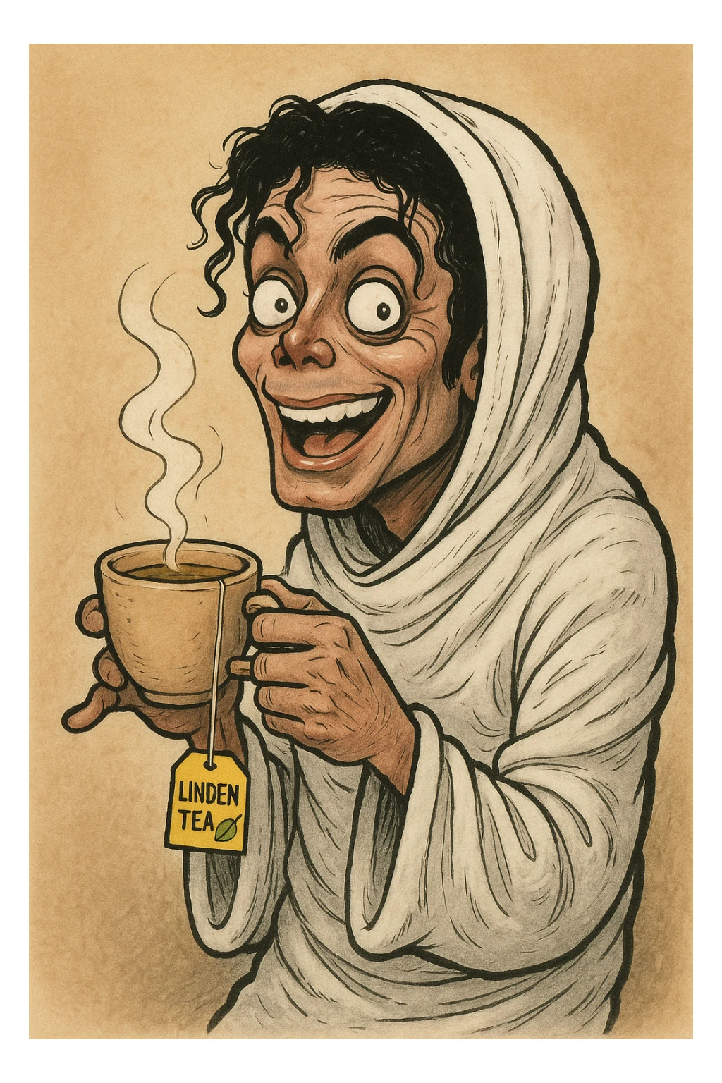Michael Jackson drinking linden tea while wrapped in a shroud, detailed, humorous, expressive face sticker