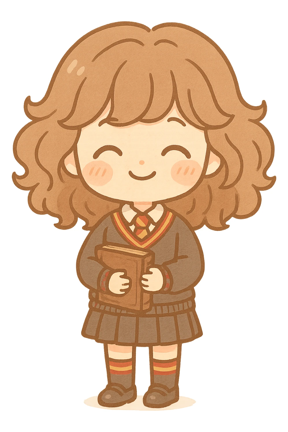 Chibi kawaii character, big head (60% of height), small body, soft rounded features. Happy, sweet face: closed arc anime eyes, rosy cheeks, subtle smile. Warm, earthy and pastel palette. Thin, uniform sepia outlines. Wearing Gryffindor uniform: dark gray V-neck sweater with red/gold stripes, white shirt, red/gold tie, pleated skirt or dark pants, matching socks, black school shoes. Holding old brown magical book. Voluminous, wavy chibi hair. Transparent or light background, cel shading, Japanese stationery style. sticker