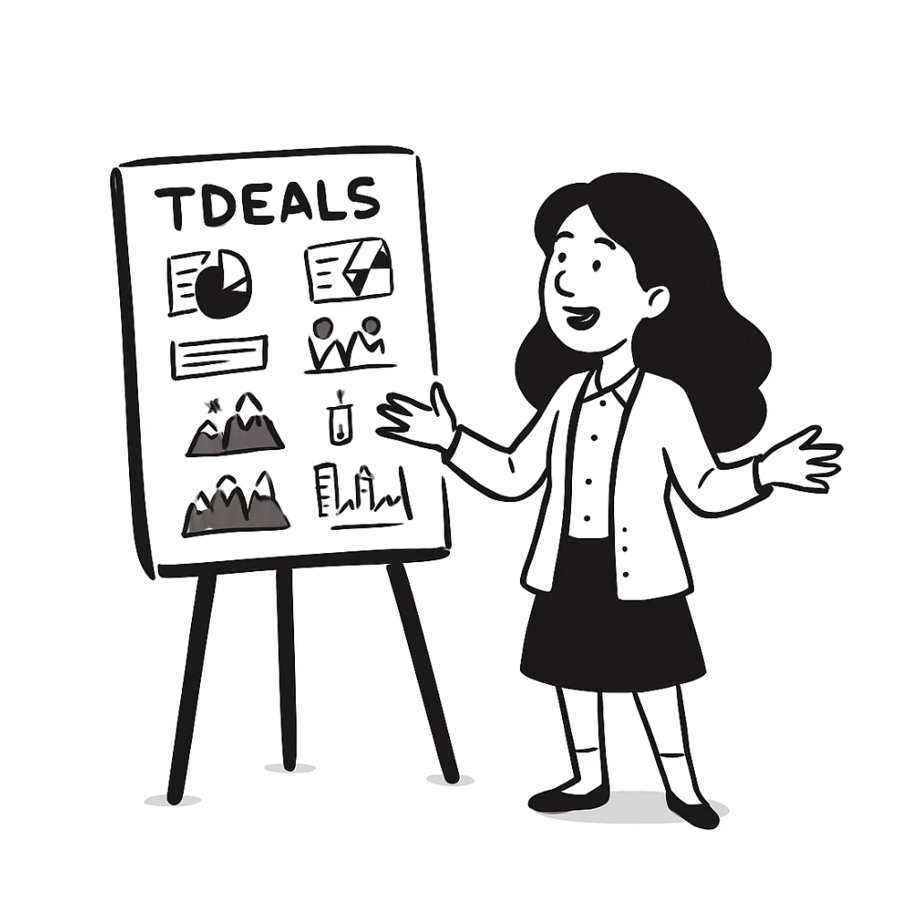 Make her hair longer, keep black wavy hair, no glasses, teaching and talking. Maintain the original style and look of the image. sticker