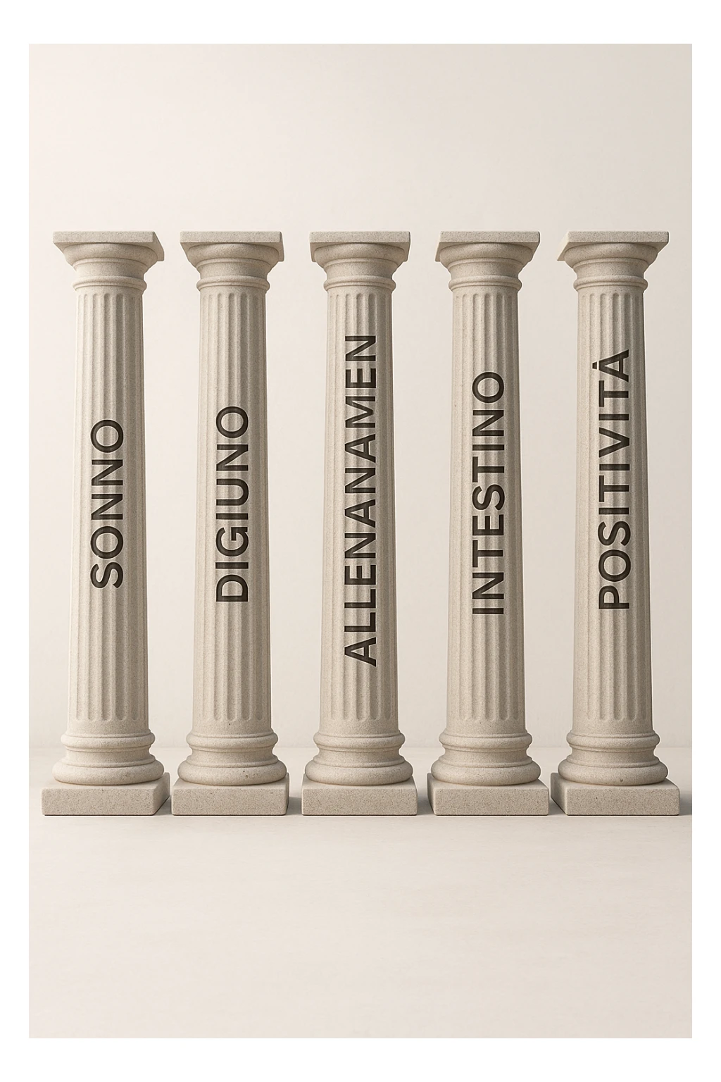 5 pilastri con le scritte "SONNO", "DIGIUNO", "ALLENAMENTO", "INTESTINO", "POSITIVITà" IMMAGINE IPERREALISTICA SFONDO CHIARO IN ITALIANO sticker