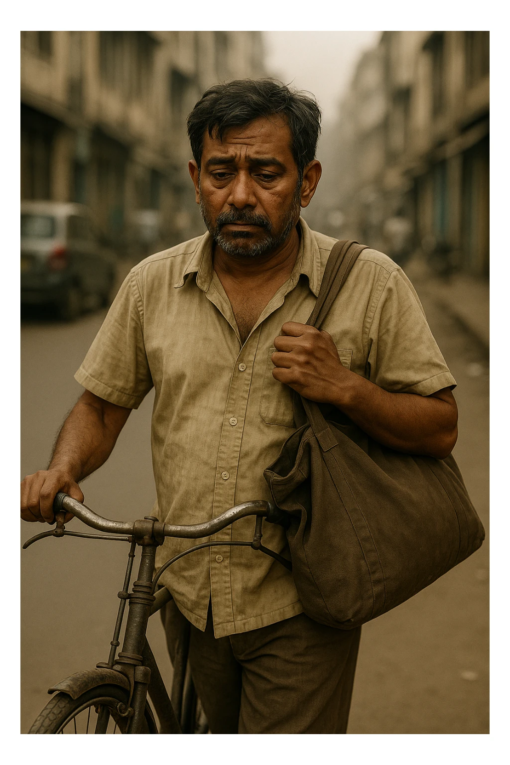 Add a simple bicycle next to the poor Indian father as he walks to work, keeping the realistic style and urban background. sticker