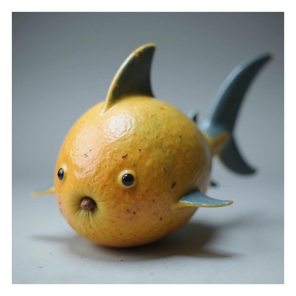 a mango with realistic shark fins and tail, photorealistic style sticker