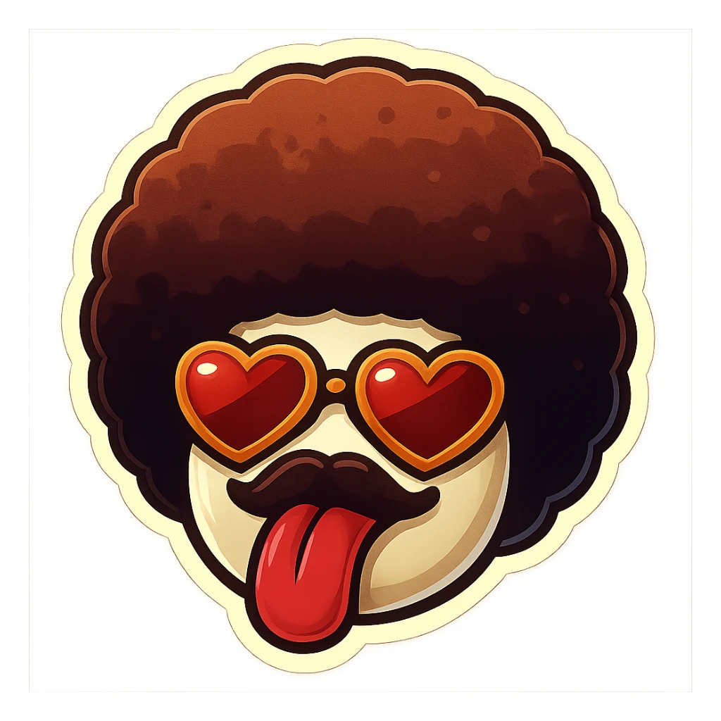 White circle face, afro, heart glasses, big heart eyes, tounge rolled out sticker
