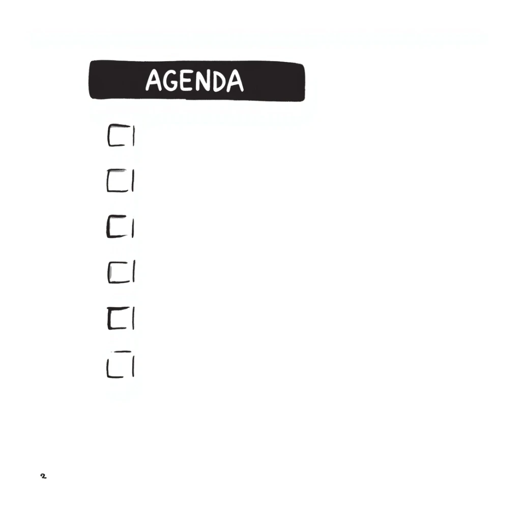 A notebook with 'AGENDA' written on top and meeting items listed below sticker