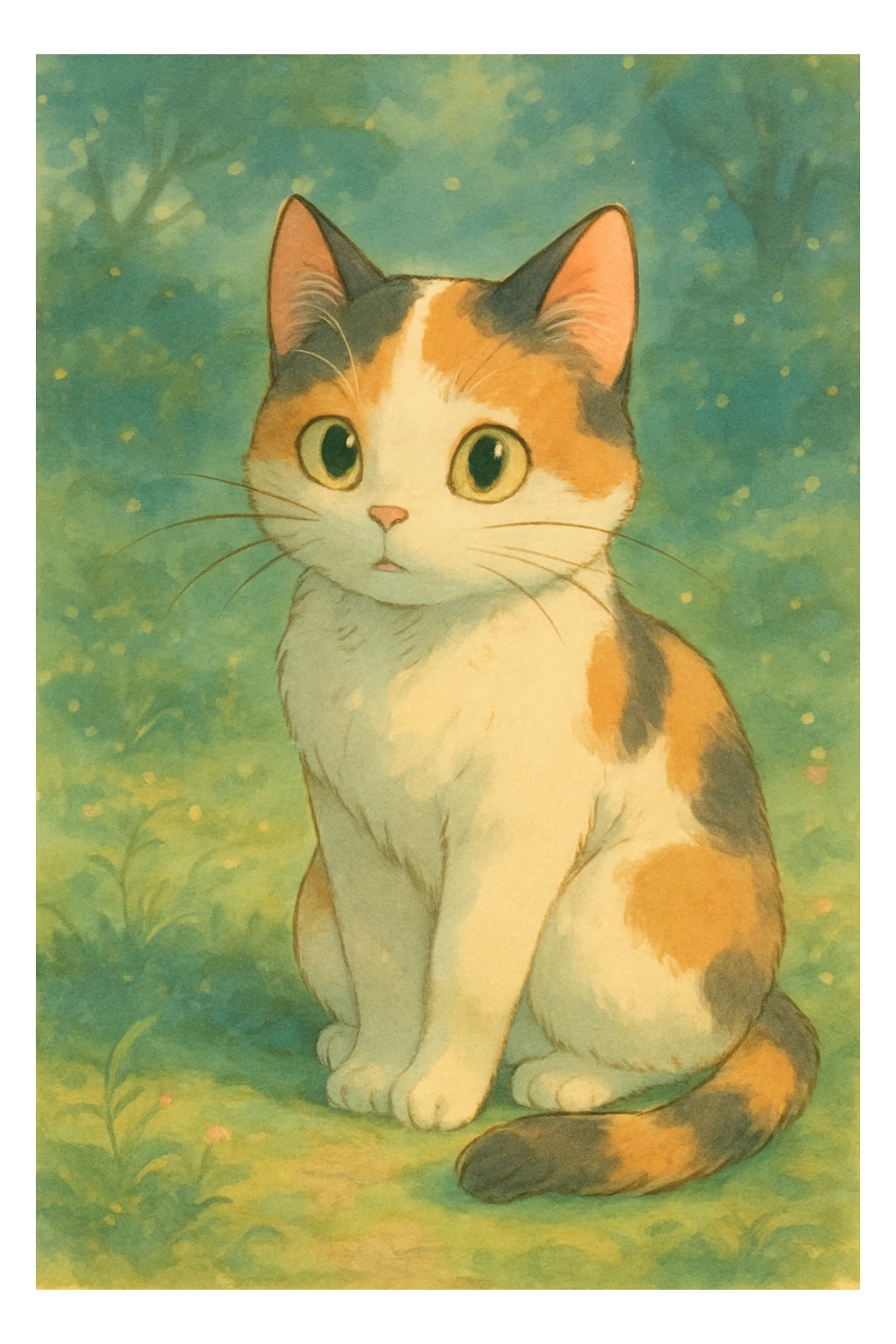 calico cat, soft and whimsical, ghibli style sticker