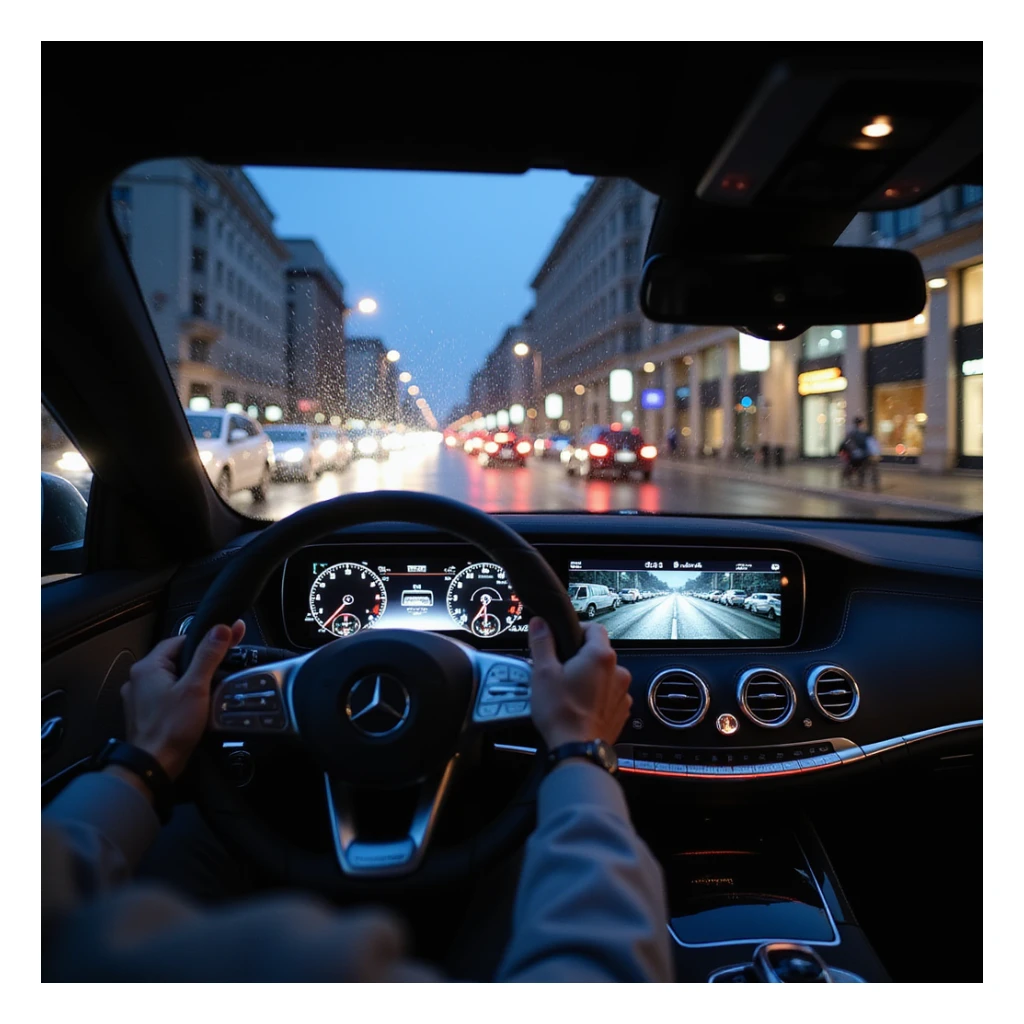 Modern Mercedes S-Class 2024 interior, immersive cockpit POV, left hand on steering wheel, night cityscape of Bucharest through rainy windshield, ambient lighting, digital displays, city traffic ahead, no text or misspellings, highly realistic sticker