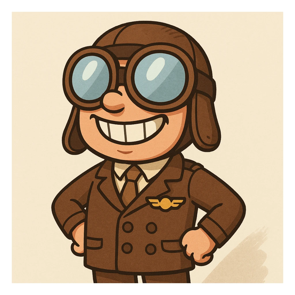 a pilot in cartoon style, with oversized goggles and big smile, neutral background sticker