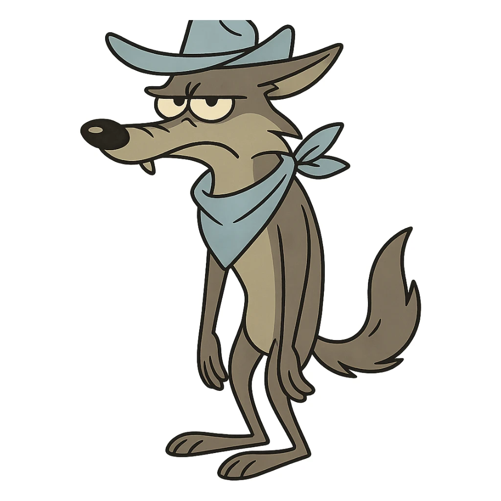 grey coyote, less anthropomorphic, light blue cowboy hat and neckerchief, standing, flat toon style sticker