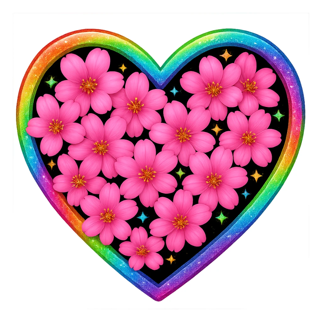 Replace the shimmer effect with a rainbow shimmer on the gold and silver sparkles of the heart surrounded by sakura petals in the style of apple emojis, no background. sticker