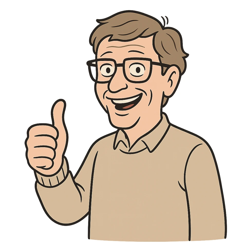 Bill Gates giving a thumbs up, simple and bold lines, flat toon style sticker