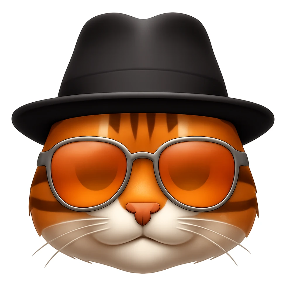 Edit the image of a cool cat with sunglasses and a hat in an emoji style. Remove the background and emphasize the coolness with sunglasses and a hat, resembling an emoji look. sticker