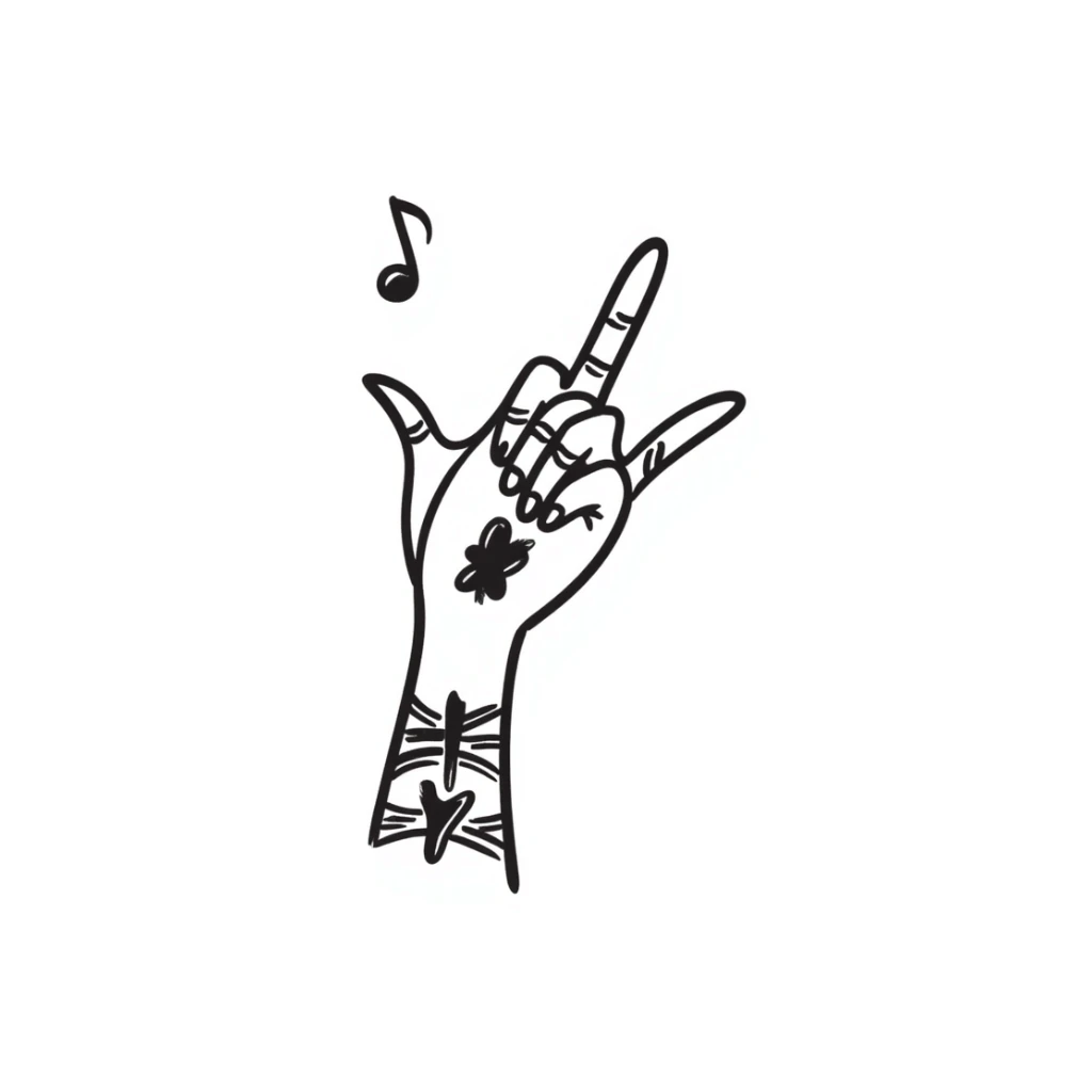 stylized symmetrical hand with tattoos in doodle style, square format, suitable as emoji for music marketing course cover sticker