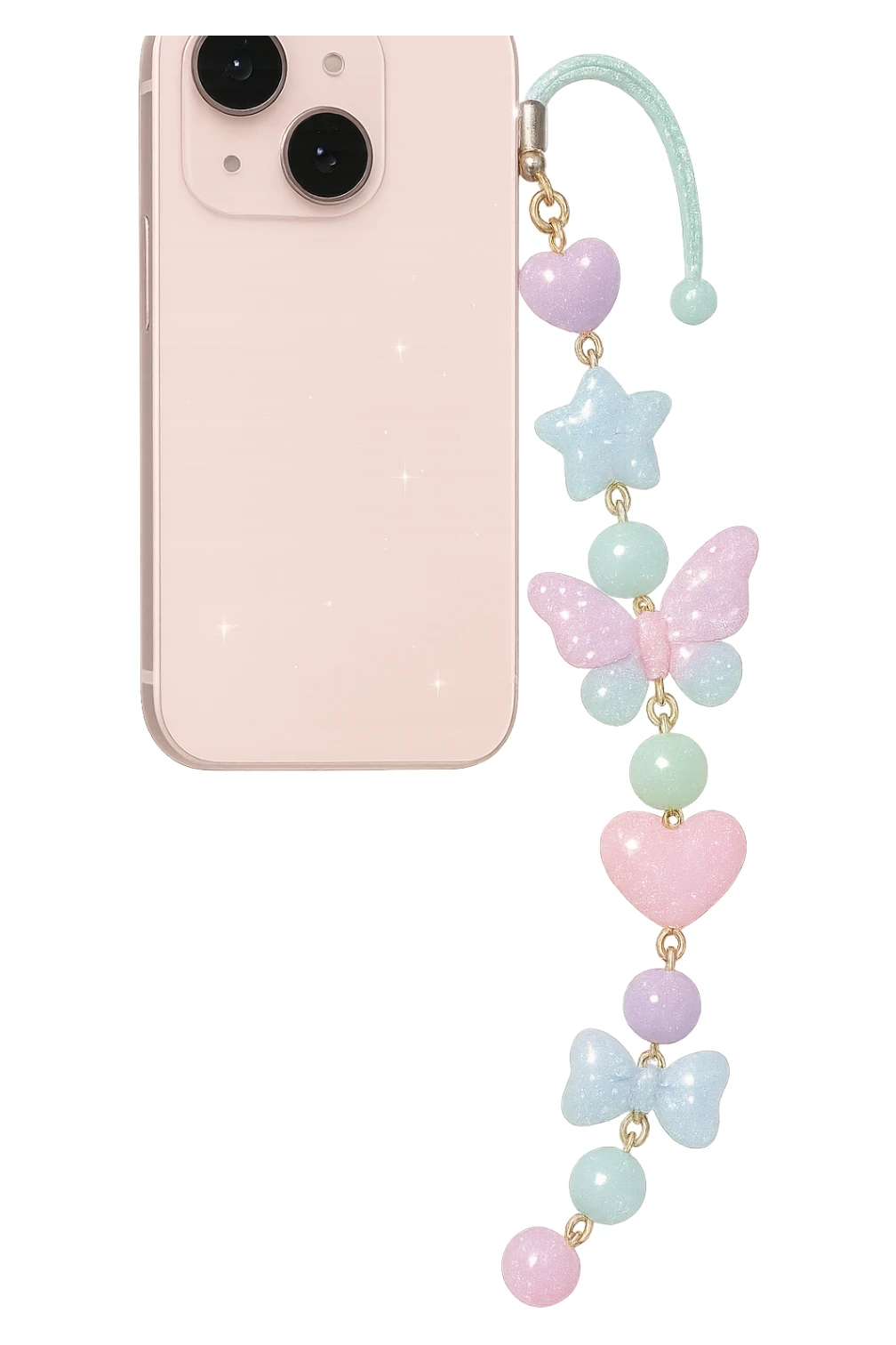 girly sparkling phone charm, pastel colors, no background, shiny and glittering sticker