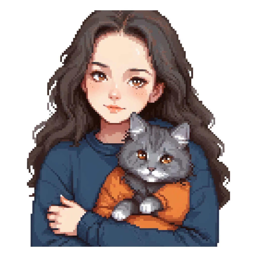 Brunette girl with dark blue sweatshirt snuggling a fluffy grey Siberian cat sticker