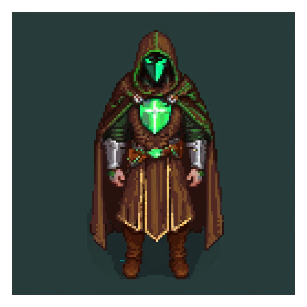 Marathon M1 S'pht compiler with brown cloak, green glowing light, metallic mantle pauldron, classic polaroid photo style, 1990s game screenshot, nostalgic faded quality sticker