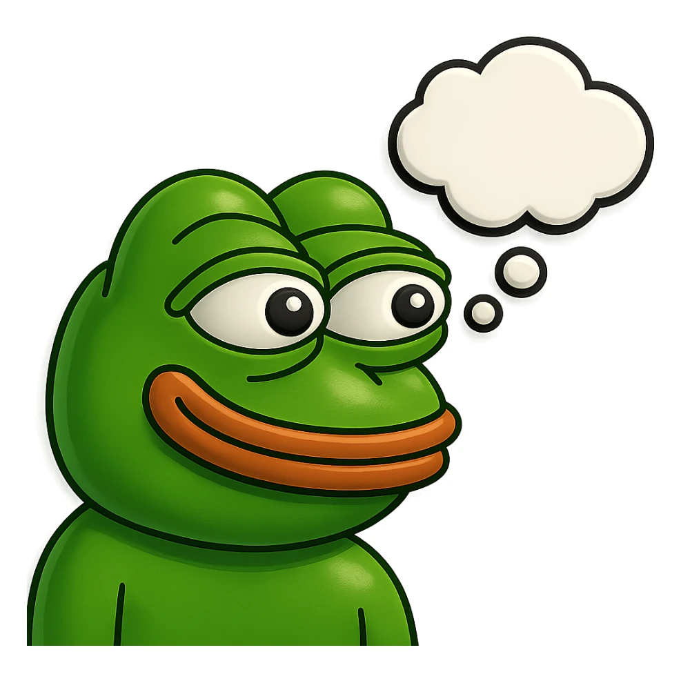 make a pepe in bright green smiling with thought bubble looking at right side in 3d style, good highlights and shadows, drop shadows sticker