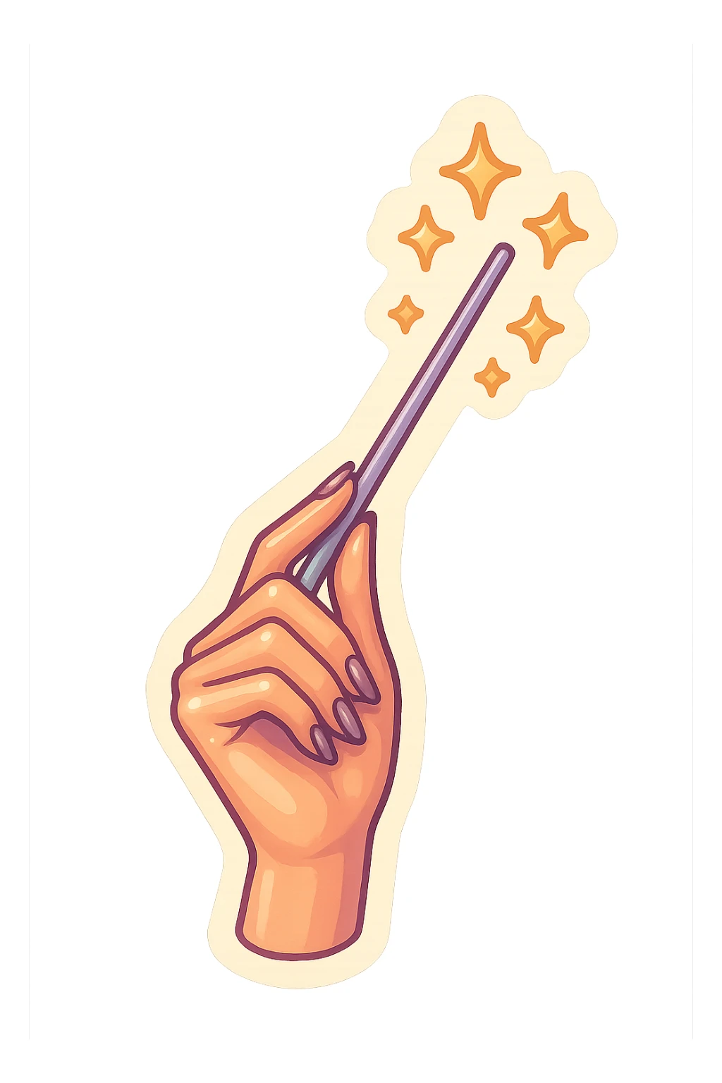 Elegant female hand with almond-shaped nails holding a magic wand upwards, stars flying out of the wand, retro stickers style, thin clean contours, soft rounded shapes, pastel palette #98B5BC, #B5B3C1, #C9A3C9, #E4C0CA, #F7DCD1, #F7C0AA, detailed shadows and highlights, soft lighting, transparent background, no decorative elements sticker