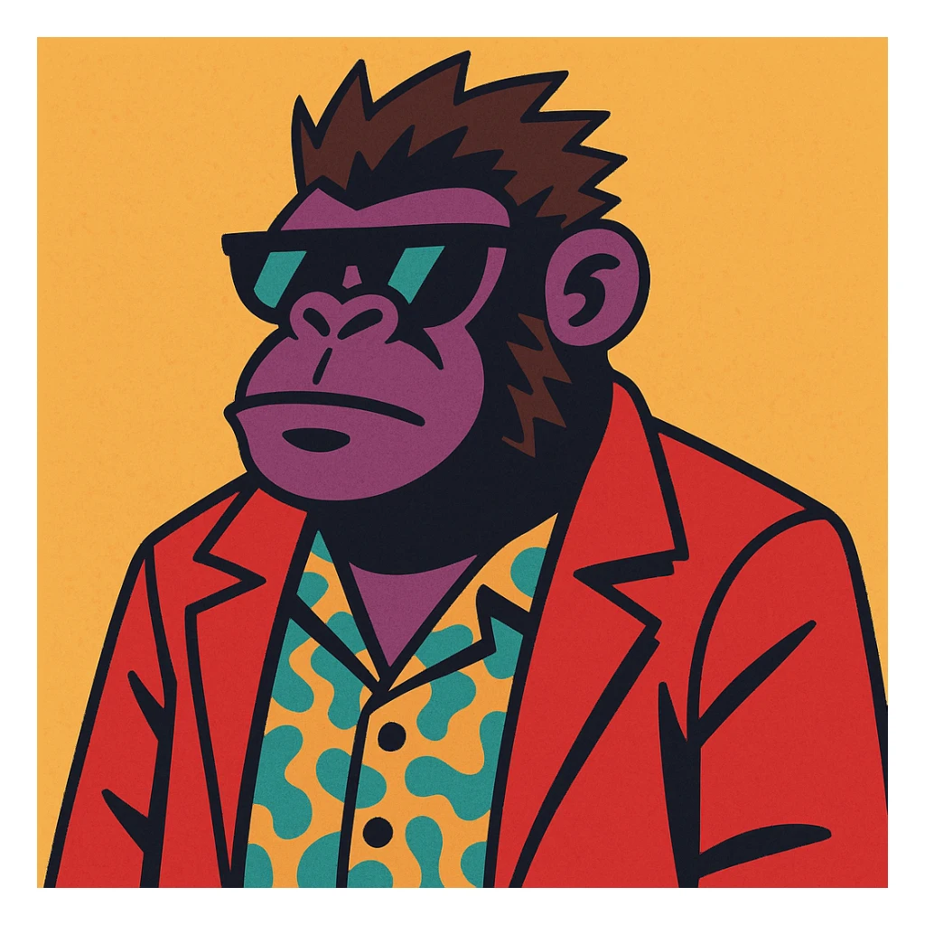 A gorilla channeling Tyler Durden, wearing sunglasses, a patterned shirt under a red jacket, and exuding a cool, anarchic vibe. sticker