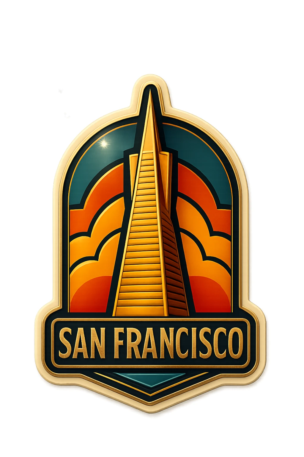 San Francisco logo in retro art deco style, highlighting the Transamerica Pyramid, symmetrical design, and metallic details sticker