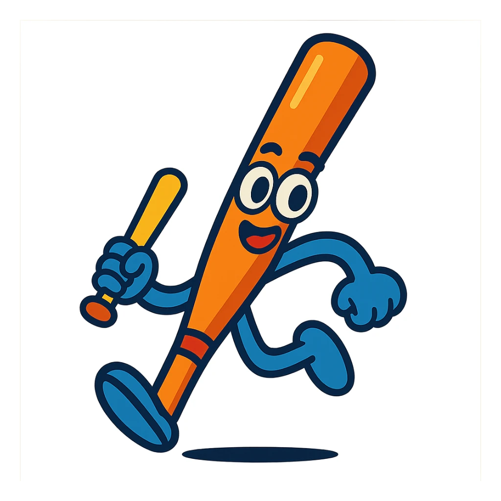 cartoon baseball bat with big eyes, two legs, and one hand gripping a bat, playful and energetic sticker