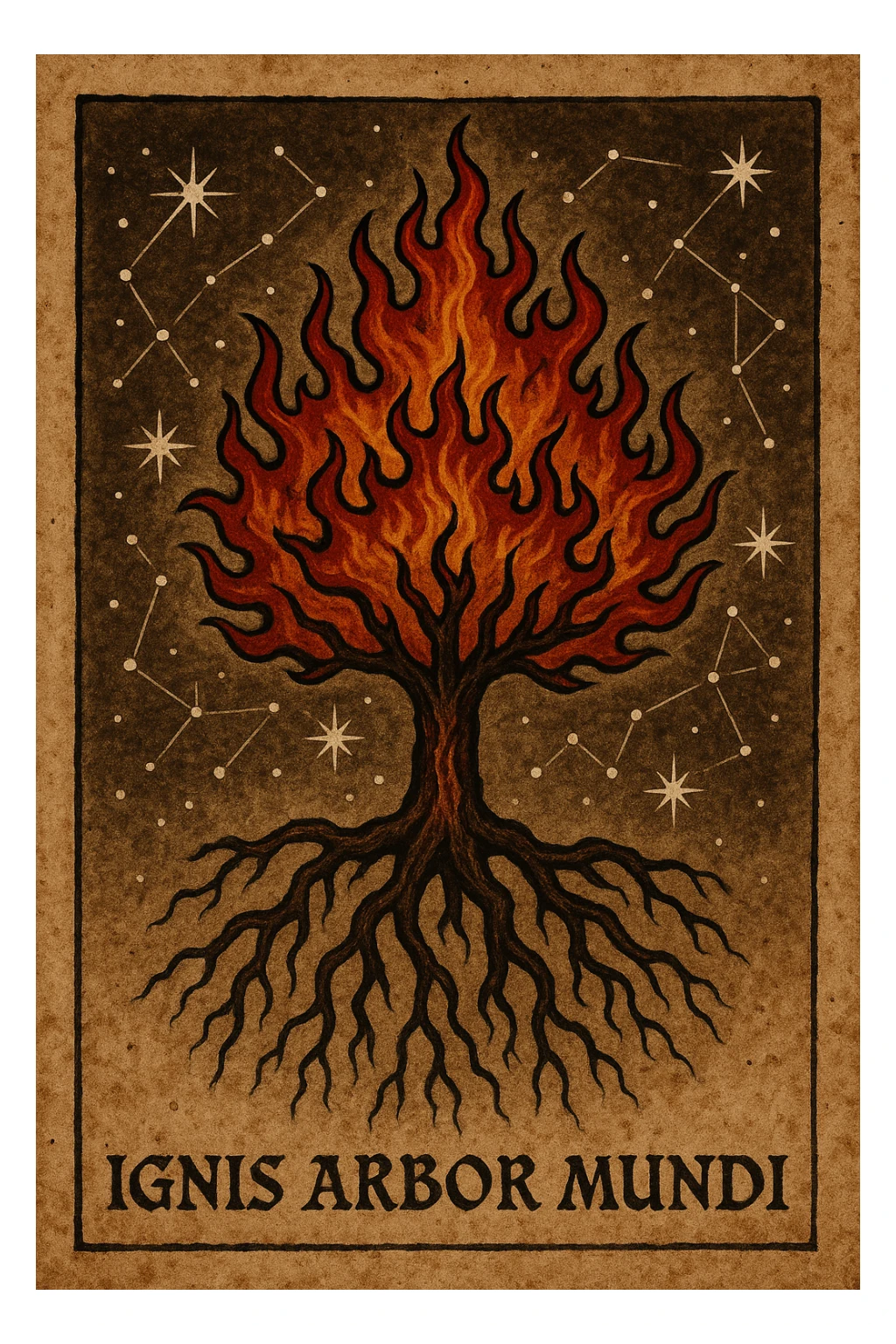 proto gothic ancient star constellation image of a flaming world tree with roots reaching down sticker