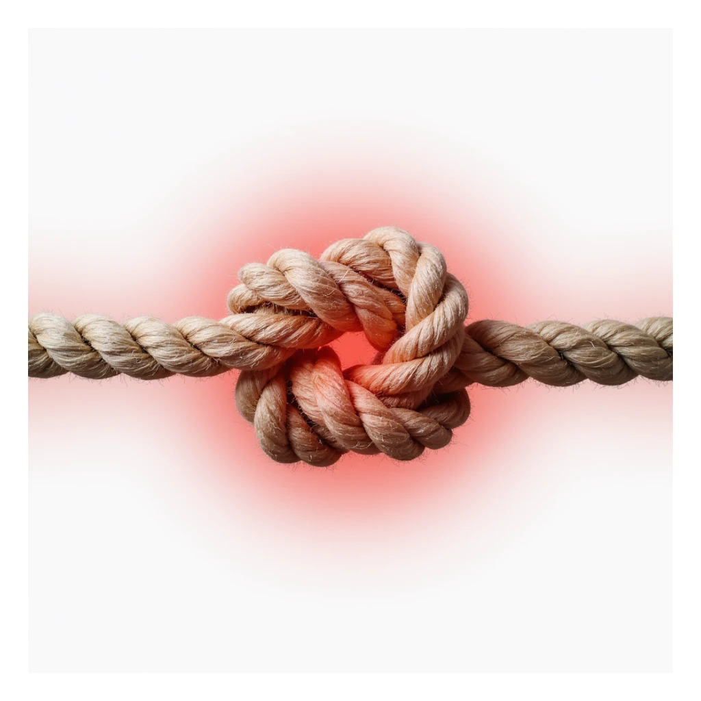 realistic rope knot isolated on white background with a red halo around the knot indicating pain, soft shading, three-dimensional appearance, no other elements sticker