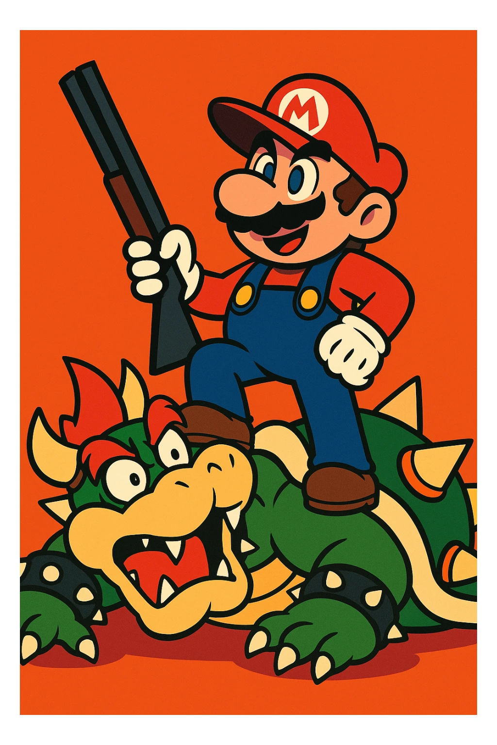 Mario standing over Bowser with a shotgun, victorious pose, Bowser looking surprised, bold cartoon style sticker